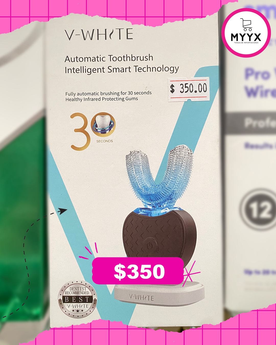 V-White - Cepillo de dientes eléctrico para adultos, ultrasónico, en forma de U, para blanquear los dientes